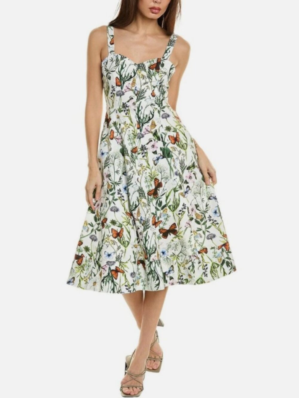 AVEC LES FILLES White Butterfly Botanical Print Midi A-line Dress Stretch 6 NWT